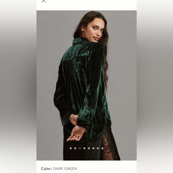 Anthropologie pilcro the Hadley relaxed dark green velvet button shirt SP petite - Picture 15 of 16